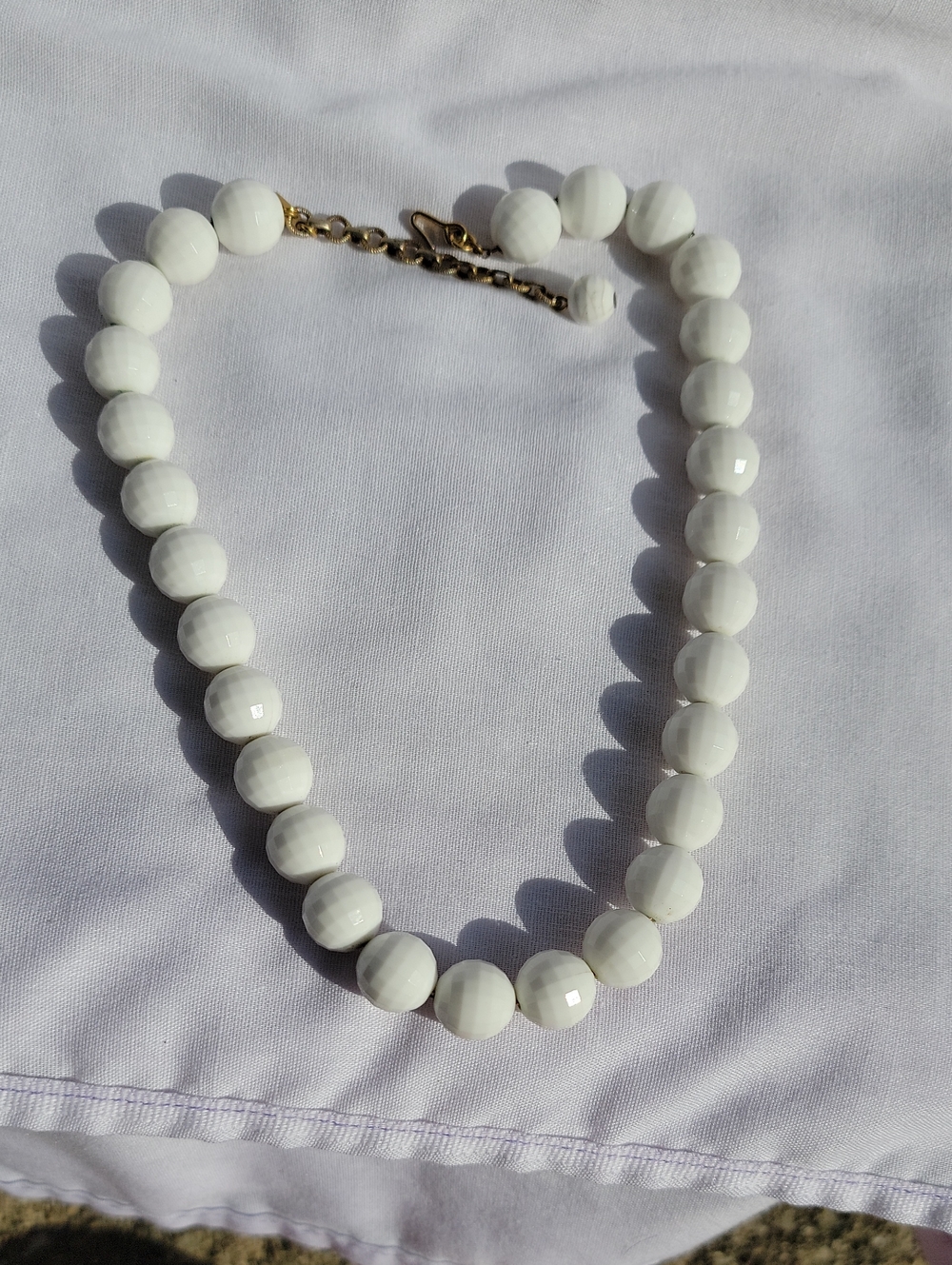 Vintage Monet White Faceted Lucite Bead Necklace with Gold Accents